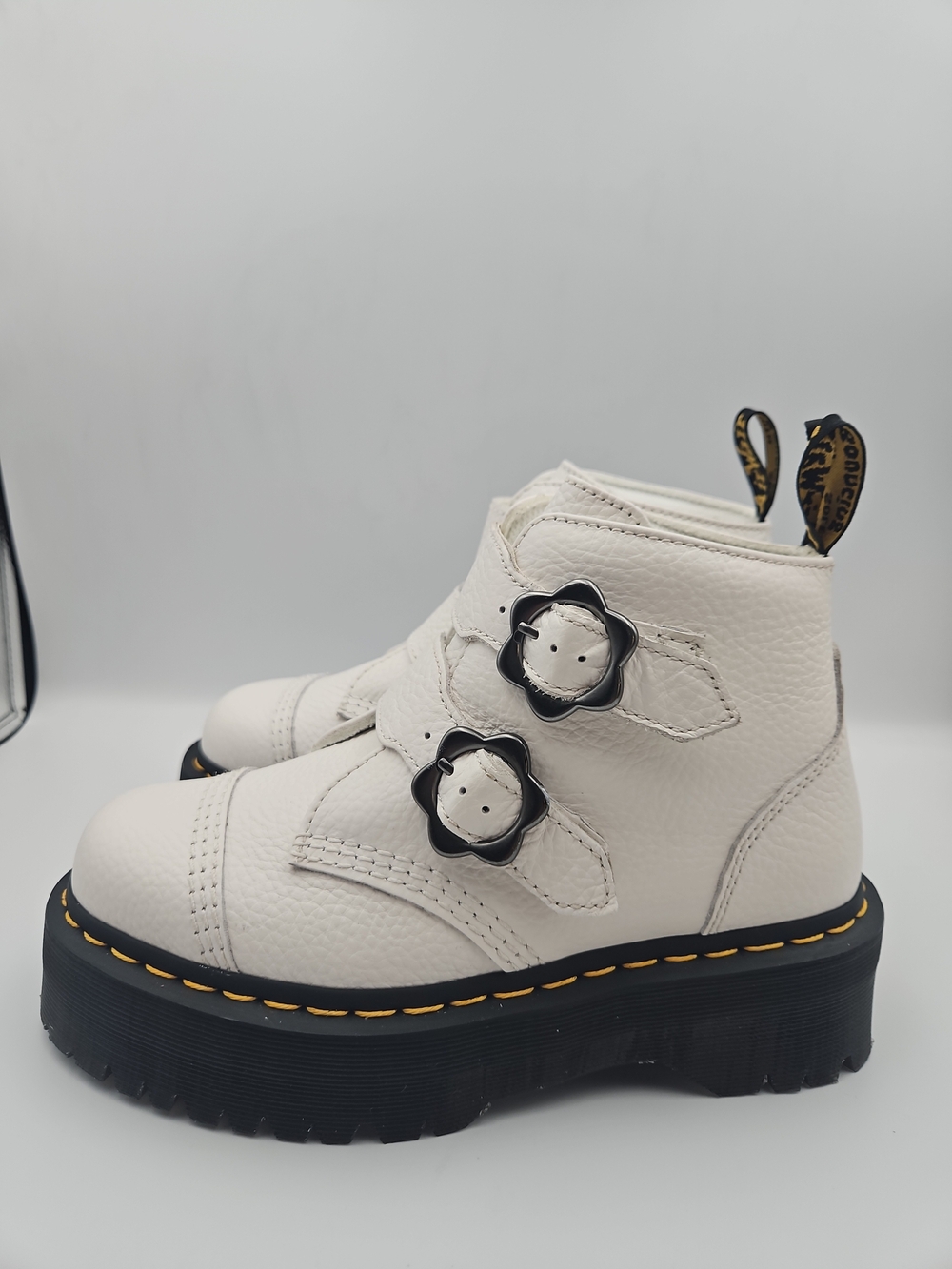 Dr. Martens White Leather Double-Buckle Platform Ankle Boots